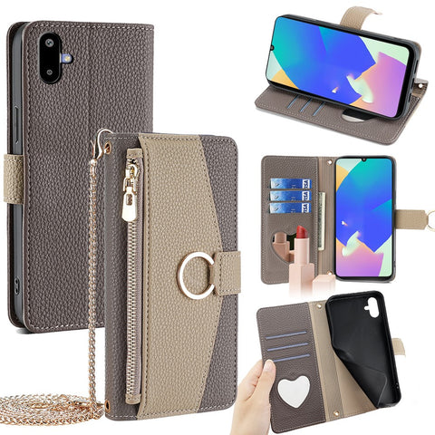 For Samsung Galaxy F06 5G Case Mirror Wallet Leather Phone Cover with Chain Shoulder Strap