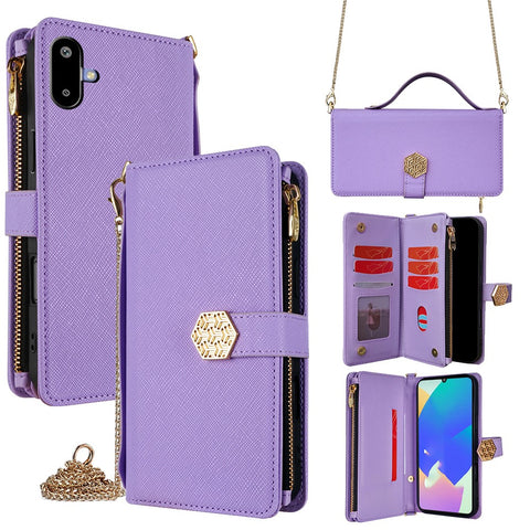 For Samsung Galaxy F06 5G Case Cross Texture PU Leather+TPU Wallet Phone Cover with Strap