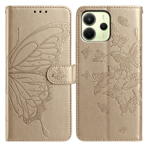 For Xiaomi Redmi Note 14 4G (163.25mm) Case Butterfly Imprinted Wallet Stand PU Leather Flip Phone Cover with Strap