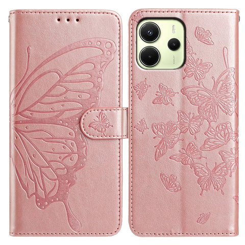 For Xiaomi Redmi Note 14 4G (163.25mm) Case Butterfly Imprinted Wallet Stand PU Leather Flip Phone Cover with Strap