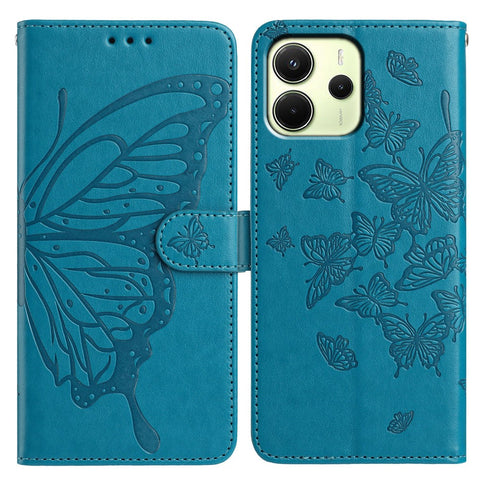 For Xiaomi Redmi Note 14 4G (163.25mm) Case Butterfly Imprinted Wallet Stand PU Leather Flip Phone Cover with Strap