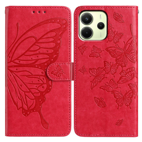 For Xiaomi Redmi Note 14 4G (163.25mm) Case Butterfly Imprinted Wallet Stand PU Leather Flip Phone Cover with Strap