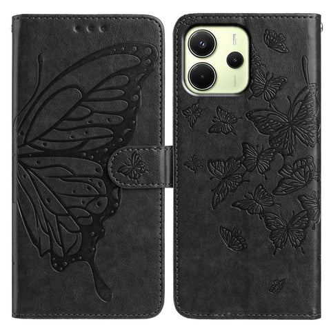 For Xiaomi Redmi Note 14 4G (163.25mm) Case Butterfly Imprinted Wallet Stand PU Leather Flip Phone Cover with Strap