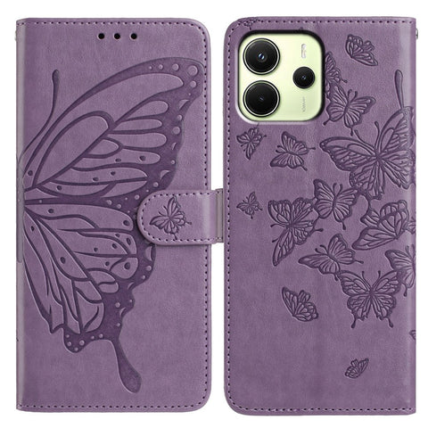 For Xiaomi Redmi Note 14 4G (163.25mm) Case Butterfly Imprinted Wallet Stand PU Leather Flip Phone Cover with Strap