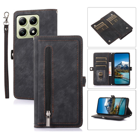 For Xiaomi 14T Pro Case Zipper Pocket 9 Card Slots PU Leather Phone Cover with Wrist Strap