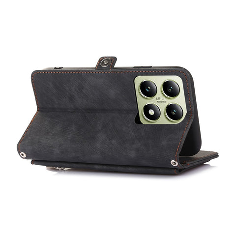 For Xiaomi 14T Pro Case Zipper Pocket 9 Card Slots PU Leather Phone Cover with Wrist Strap