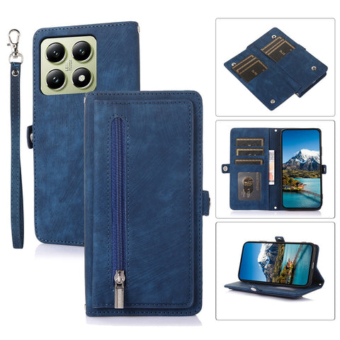 For Xiaomi 14T Pro Case Zipper Pocket 9 Card Slots PU Leather Phone Cover with Wrist Strap