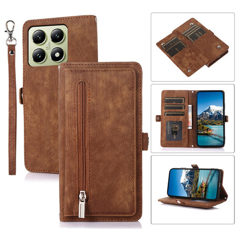 For Xiaomi 14T Pro Case Zipper Pocket 9 Card Slots PU Leather Phone Cover with Wrist Strap