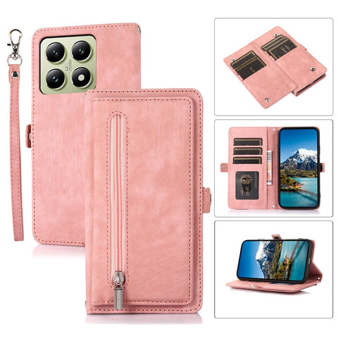 For Xiaomi 14T Pro Case Zipper Pocket 9 Card Slots PU Leather Phone Cover with Wrist Strap