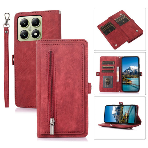 For Xiaomi 14T Pro Case Zipper Pocket 9 Card Slots PU Leather Phone Cover with Wrist Strap