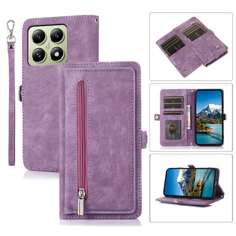 For Xiaomi 14T Pro Case Zipper Pocket 9 Card Slots PU Leather Phone Cover with Wrist Strap