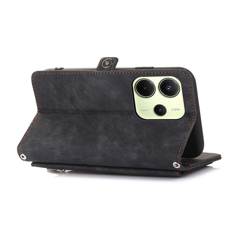 For Xiaomi Redmi Note 14 4G (163.25mm) Case Zipper Pocket 9 Card Slots PU Leather Phone Cover with Wrist