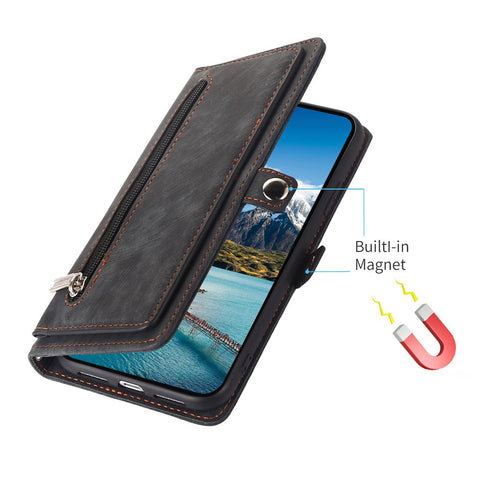 For Xiaomi Redmi Note 14 4G (163.25mm) Case Zipper Pocket 9 Card Slots PU Leather Phone Cover with Wrist