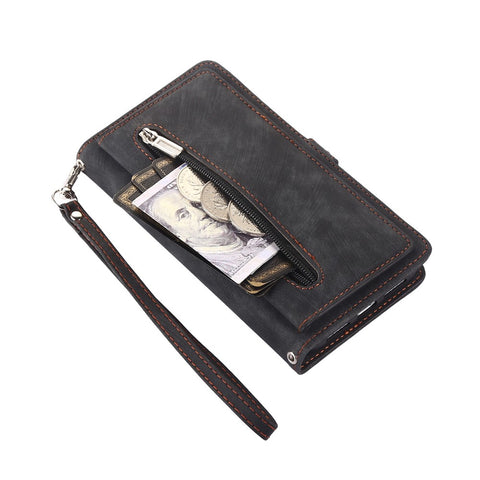 For Xiaomi Redmi Note 14 4G (163.25mm) Case Zipper Pocket 9 Card Slots PU Leather Phone Cover with Wrist