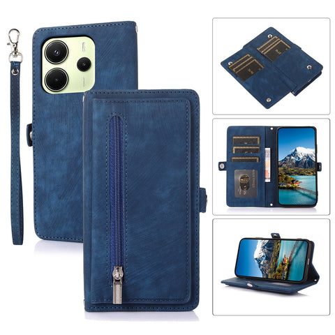 For Xiaomi Redmi Note 14 4G (163.25mm) Case Zipper Pocket 9 Card Slots PU Leather Phone Cover with Wrist