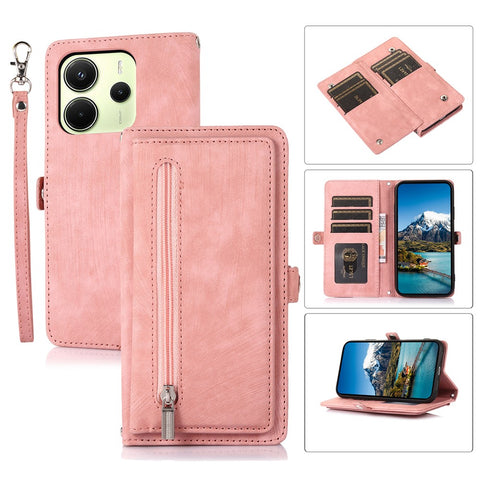 For Xiaomi Redmi Note 14 4G (163.25mm) Case Zipper Pocket 9 Card Slots PU Leather Phone Cover with Wrist