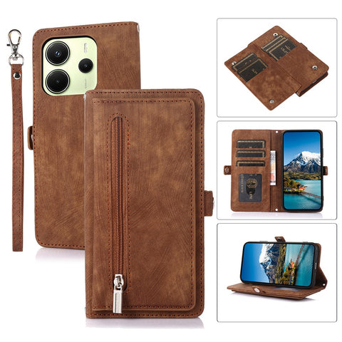 For Xiaomi Redmi Note 14 4G (163.25mm) Case Zipper Pocket 9 Card Slots PU Leather Phone Cover with Wrist