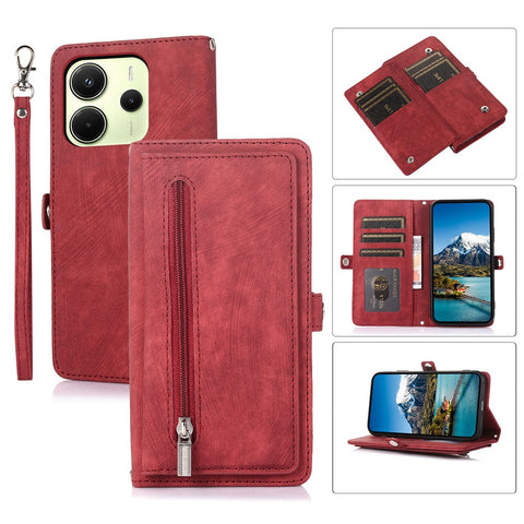 For Xiaomi Redmi Note 14 4G (163.25mm) Case Zipper Pocket 9 Card Slots PU Leather Phone Cover with Wrist