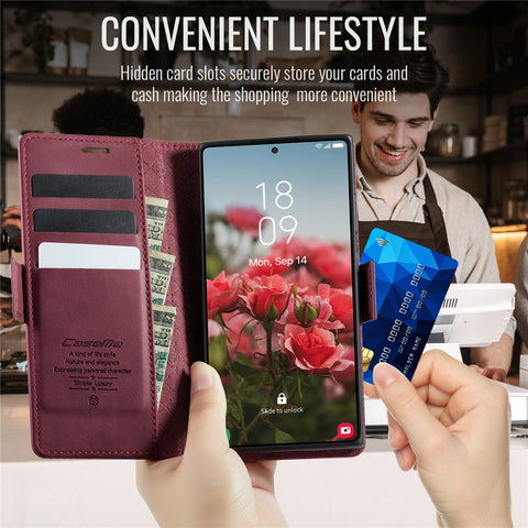 CASEME 033 Series For Samsung Galaxy S23 Ultra Case RFID Blocking Wallet Stand Calf Texture Leather Phone Cover