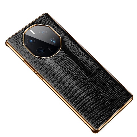 For Huawei Mate 50 RS Porsche Design 4G Lizard Texture Electroplating Phone Case Cowhide Genuine Leather Coated TPU Anti-Scratch Cover