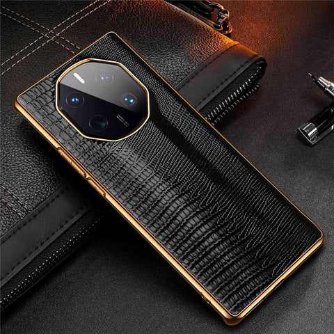 For Huawei Mate 50 RS Porsche Design 4G Lizard Texture Electroplating Phone Case Cowhide Genuine Leather Coated TPU Anti-Scratch Cover