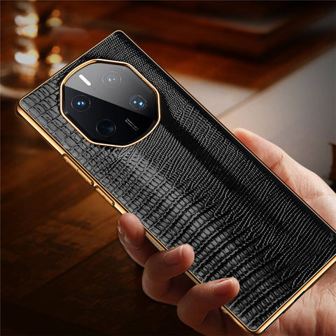 For Huawei Mate 50 RS Porsche Design 4G Lizard Texture Electroplating Phone Case Cowhide Genuine Leather Coated TPU Anti-Scratch Cover