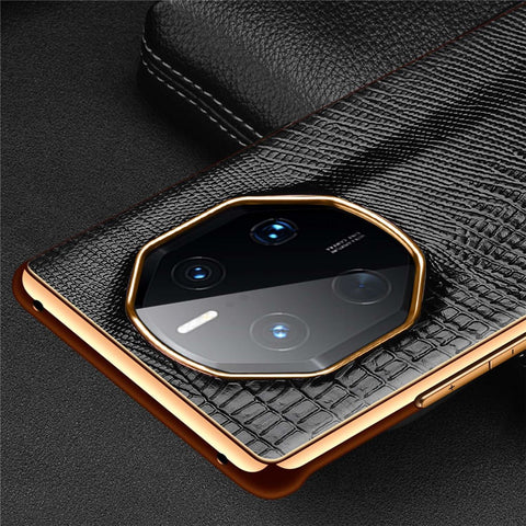 For Huawei Mate 50 RS Porsche Design 4G Lizard Texture Electroplating Phone Case Cowhide Genuine Leather Coated TPU Anti-Scratch Cover