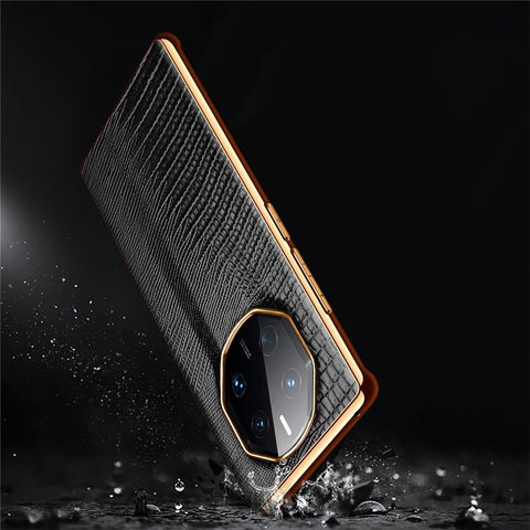 For Huawei Mate 50 RS Porsche Design 4G Lizard Texture Electroplating Phone Case Cowhide Genuine Leather Coated TPU Anti-Scratch Cover