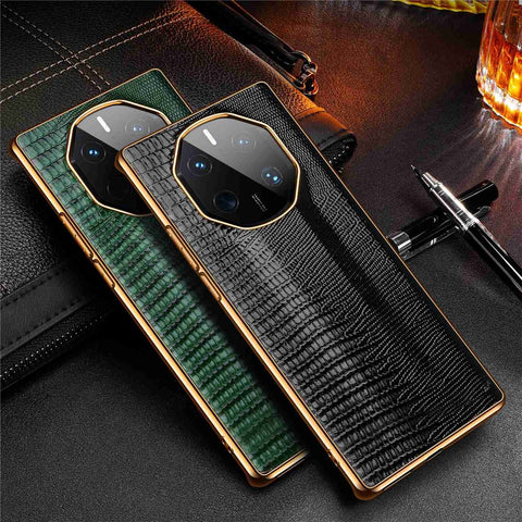 For Huawei Mate 50 RS Porsche Design 4G Lizard Texture Electroplating Phone Case Cowhide Genuine Leather Coated TPU Anti-Scratch Cover