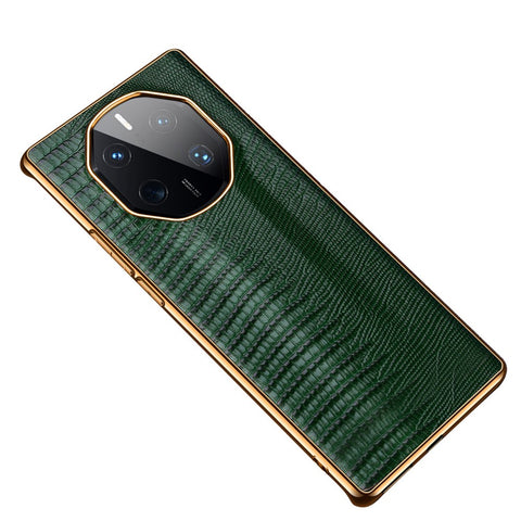 For Huawei Mate 50 RS Porsche Design 4G Lizard Texture Electroplating Phone Case Cowhide Genuine Leather Coated TPU Anti-Scratch Cover
