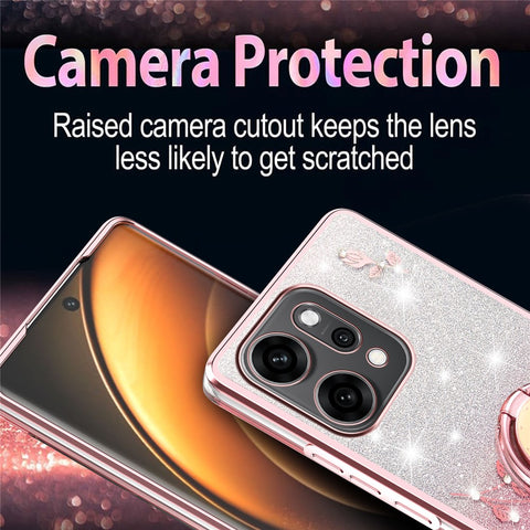 KADEM For Oppo Reno14 Pro 5G (Global) Case Ring Kickstand TPU Flowers Phone Cover Gradient Glitter