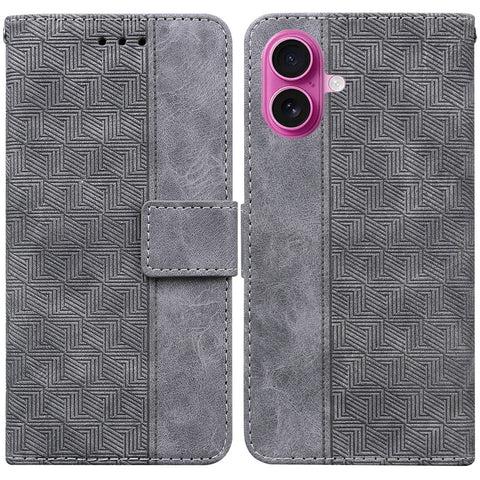 For iPhone 17 Case Geometry Pattern Leather Wallet Phone Cover with Wrist Strap
