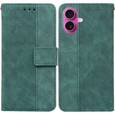 For iPhone 17 Case Geometry Pattern Leather Wallet Phone Cover with Wrist Strap
