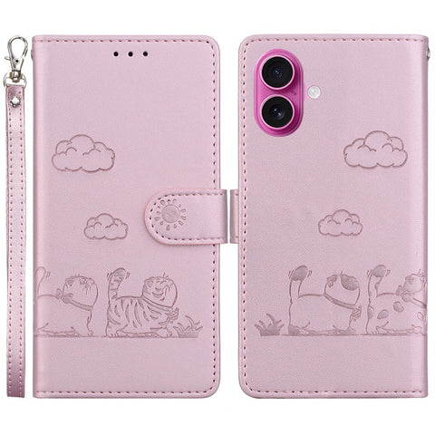 For iPhone 17 Case RFID Blocking Kitten Pattern TPU + PU Leather Phone Cover with Strap