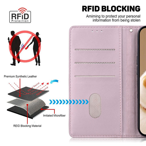 For iPhone 17 Case RFID Blocking Kitten Pattern TPU + PU Leather Phone Cover with Strap