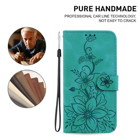 For iPhone 17 Stand Case Lily Flower Imprint Leather Phone Cover with Wrist Strap