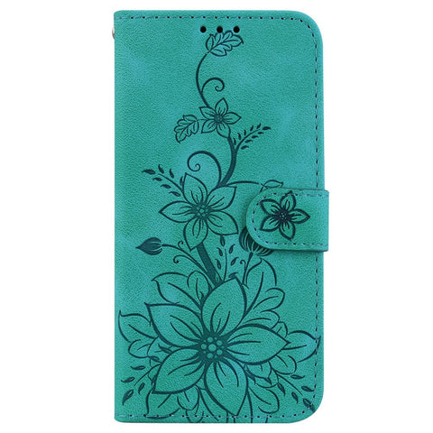 For iPhone 17 Stand Case Lily Flower Imprint Leather Phone Cover with Wrist Strap