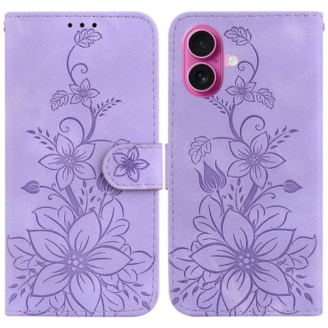 For iPhone 17 Stand Case Lily Flower Imprint Leather Phone Cover with Wrist Strap