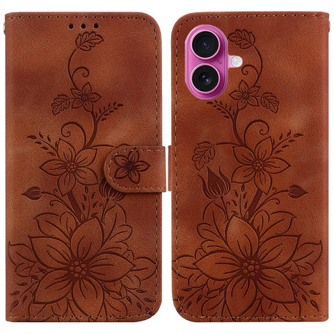 For iPhone 17 Stand Case Lily Flower Imprint Leather Phone Cover with Wrist Strap