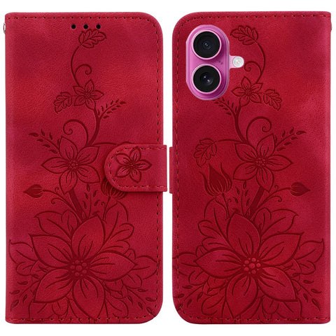 For iPhone 17 Stand Case Lily Flower Imprint Leather Phone Cover with Wrist Strap