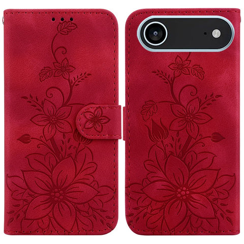For iPhone Air Stand Case Lily Flower Imprint Leather Phone Cover with Wrist Strap