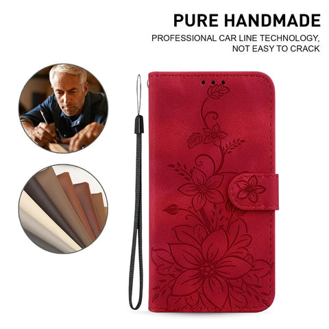 For iPhone Air Stand Case Lily Flower Imprint Leather Phone Cover with Wrist Strap