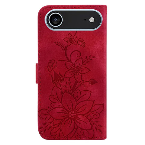 For iPhone Air Stand Case Lily Flower Imprint Leather Phone Cover with Wrist Strap