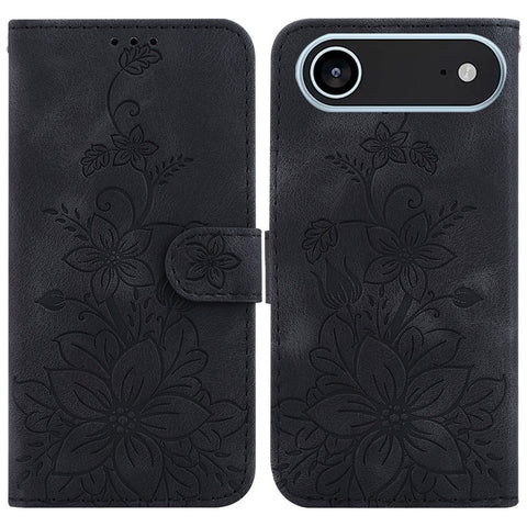 For iPhone Air Stand Case Lily Flower Imprint Leather Phone Cover with Wrist Strap