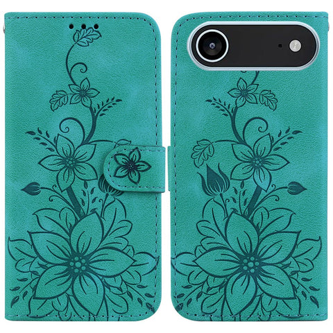For iPhone Air Stand Case Lily Flower Imprint Leather Phone Cover with Wrist Strap