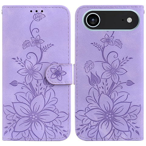 For iPhone Air Stand Case Lily Flower Imprint Leather Phone Cover with Wrist Strap