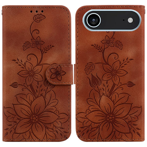 For iPhone Air Stand Case Lily Flower Imprint Leather Phone Cover with Wrist Strap