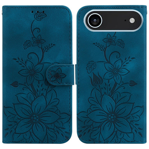 For iPhone Air Stand Case Lily Flower Imprint Leather Phone Cover with Wrist Strap