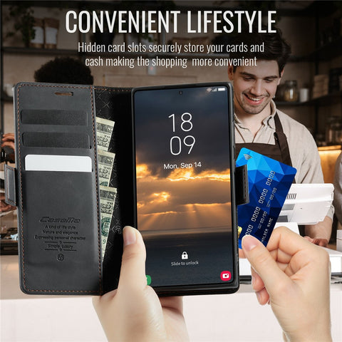 CASEME 033 Series For Samsung Galaxy Note20 Ultra 5G  /  Note20 Ultra Case RFID Blocking Wallet Stand Calf Texture Leather Phone Cover