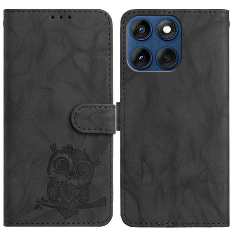 For Motorola Edge 60 5G / 60s 5G / Fusion 5G Case Owl Imprinted PU Leather Wallet Phone Cover with Wrist Strap
